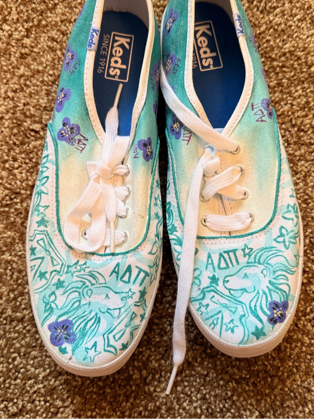 Alpha Delta Pi Women's Teal, Purple and White Hand-Painted Canvas Sneakers